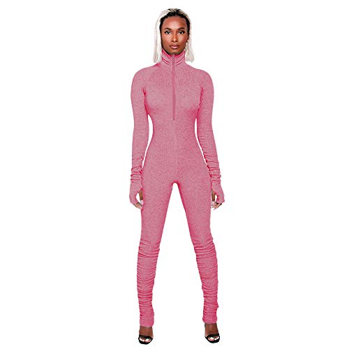 XLLAIS Damen-Jumpsuit mit hohem Ausschnitt, Reißverschluss, gerüscht, figurbetont, mit Daumenloch - Pink - Groß von XLLAIS