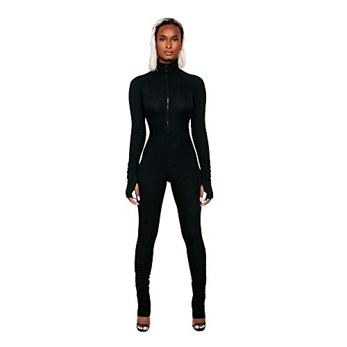 XLLAIS Damen Jumpsuit mit hohem Halsausschnitt, gerafft, figurbetont, mit Daumenloch - Schwarz - Groß von XLLAIS