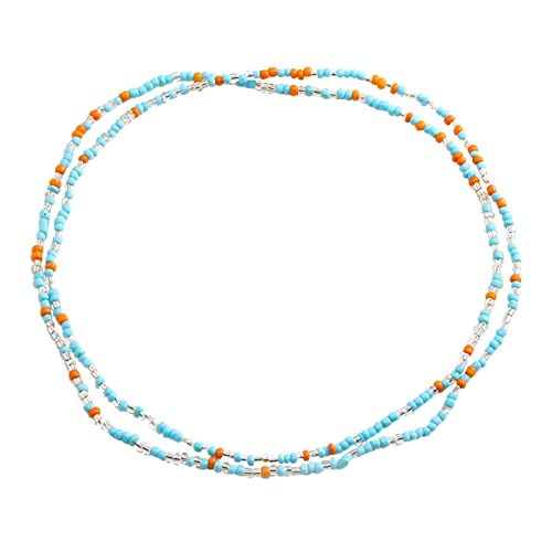 Perlen Taillenketten für Frauen afrikanische Bunte elastische Perlen Körper Taille Bauchkette Set Sommer Bikini Schmuck Anfängliche Halskette (Blue, One Size) von XNBZW