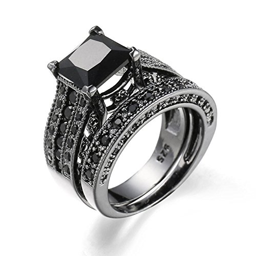 Ringe Frauen 2-in-1 Hochzeitsset Band Schwarz Silber Vintage Ring Damen Verlobungsringe mit Diamanten (Black, One Size) von XNBZW