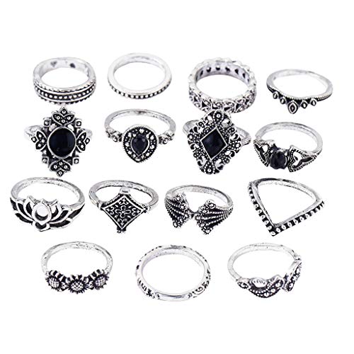 Ringe Frauen Weinlese-Nagel-Ring-Verbindungs-Mittelknöchel-Set-Ring-Blumen-heraus Hohle Frauen-15-teiliges Zubehör (Black, One Size) von XNBZW