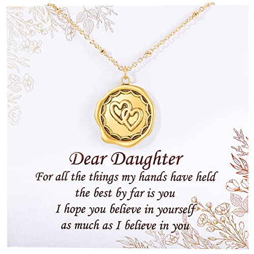 XNBZW The Best Gift to My Daughter with Card Double Heart Collarbone Chain Copper Plated Double Ring Love Buckle Medaillon Daughter Necklace with Card Trendy Necklace for Women, gold, Einheitsgröße, von XNBZW