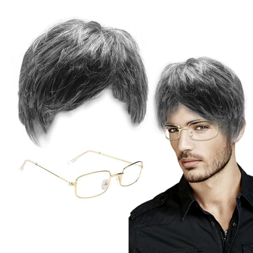 XNIVUIS 2 Stück Herren Perücken Brille Set, Opa Perücken Old Man Perücken Dunkelgraue Perücke Opa Zubehör Opa Kostüm Zubehör Kostümperücken für Halloween Karneval Partys Cosplay (Set B) von XNIVUIS