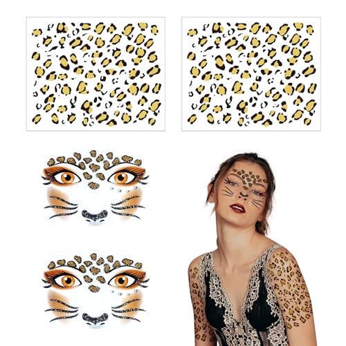 XNIVUIS 4 Stück Face Art Sticker Leopard Gesichtstattoo,Leopard Schminke, Gesichtstattoo Leopard,Gesicht Aufkleber,Klebetattoos Temporäre Tattoos,für Halloween Motto Partys Karneval(Braun) von XNIVUIS