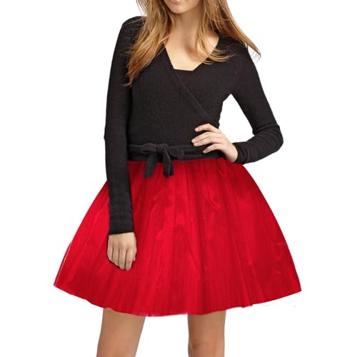 XNIVUIS Damen Tütü Rock Minirock, Tüllrock Damen Retro Tütü Rock, 80er Jahre Vintage Tutu Rock Erwachsene Ballettkleid Damen, für Party Halloween Kostüme Tanzen, Einheitsgröße (Rot) von XNIVUIS