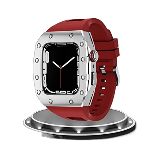 XNWKF Luxus-Uhren-Modifikationsset für Apple Watch, Metalllünette, Stahlgehäuse, Uhrenarmband für iWatch 8, 7, 6, SE, 5, 4, Gummiarmband, 44 mm, 45 mm, 44MM, Achat von XNWKF