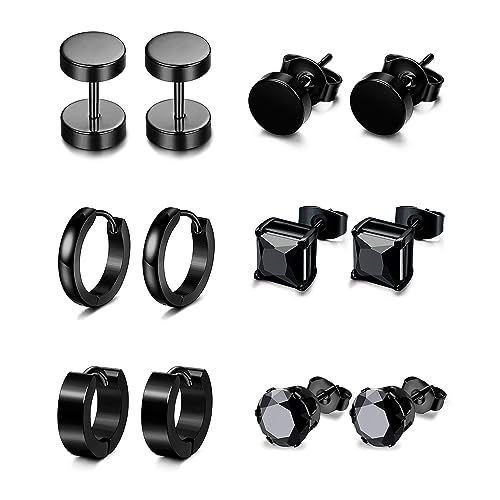 XOEMEL 6 Paar Ohrringe Set für Herren Hypoallergen Ohrstecker Chirurgenstahl Ohrstecker Schwarz Ohrringe für Mehrere Ohrlöcher Zirkonia Creolen Ohrstecker Set Tragus piercing Silber für Herren Damen von XOEMEL