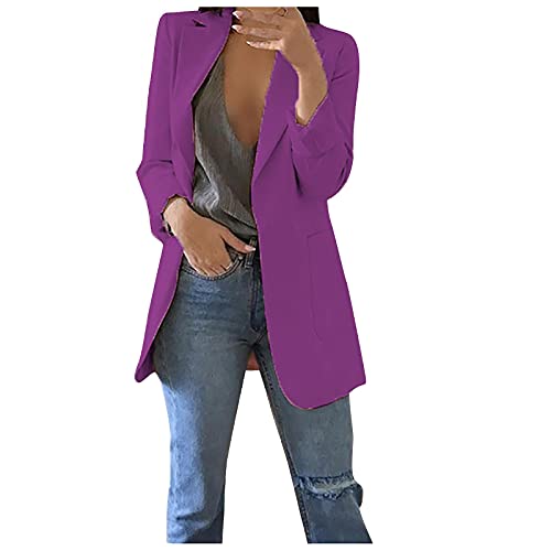 XOXSION Damen Langarm Blazer Sakko, Elegant Damenblazer Einfarbig Langarm Mantel Slim Fit Jacke Revers Geschäft Büro Kurz Mantel Anzüge mit Tasche Frauen Anzug Trenchcoat(A2 Lila,L) von XOXSION