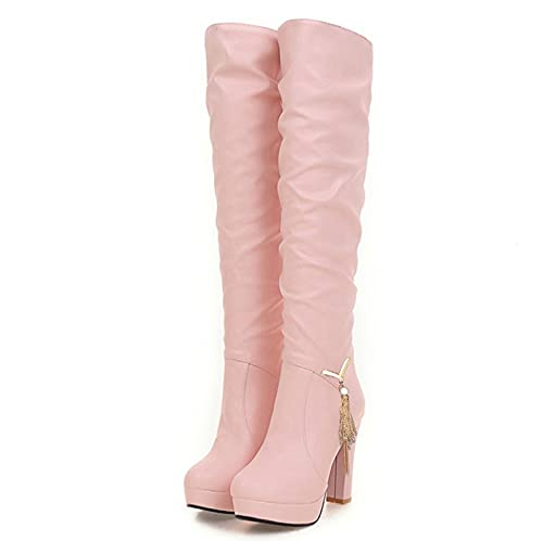 XOXSION Damen Overknee Stiefel, Mode Reine Farbe High Heels Runde Zehe Slip-On Stiefel Square Heels Booties Biker Slim Boots Hohe Pumps Herbst Winter High Stiefel(Rosa,37) von XOXSION