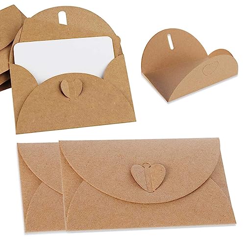 XPEX 25 Stück Mini-Umschläge, Mini-Kraft-Umschläge, Herzverschluss, Mini-Umschläge mit 25 Blanko-Karton-Kraft-Umschlägen für selbstgemachte Valentinstag-Geschenkkarten, Dankeskarten von XPEX