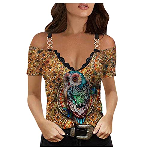 Damen Oberteile Sommer locker Schwarze t Shirts Frauen Cold Shoulder Shirt Damen Tshirt beige Kurzarm Batik Pullover Damen Damen t Shirts edel sexy Oberteil Damen Glitzer Oberteile Damen elegant von XTBFOOJ