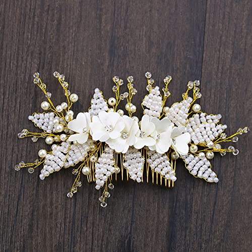 Haarkamm für Damen, goldfarben, Perlen-Haarkamm, weiße Blume, Blatt-Kristall-Haarkamm, Braut-Haarschmuck, Hochzeit, Abschlussball, Braut-Haar-Accessoires, Mädchen-Seitenkämme, Kopfbedeckung, Geschenk von XTZYGLFD