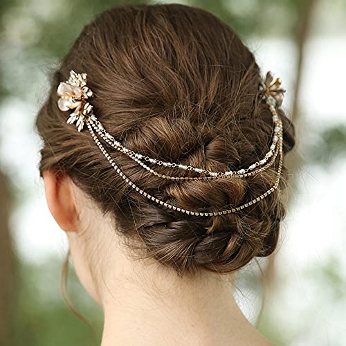 Hochzeit Haarkamm Clip Haarschmuck, böhmischer Strass Braut langer Haarkamm Ranke Gold Blumen Hochzeit Kopfschmuck handgefertigt Frauen Abschlussball Haarteil Zubehör, Haarteil für Mädchen von XTZYGLFD