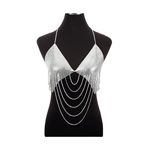 Party-Körperkette, sexy Metallgeflecht, Bikini, Strand, Quaste, quadratische Körperkette, Kleid, Charm, Pailletten, Leibchen, BH, Damen, Party, Club, Körperschmuck, Körperschmuck (Gold) (Silber) () von XTZYGLFD