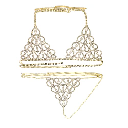 Taillenkette, Bikini-Körperkette, Hosenträger, Damenmode, Dessous-Kette, Strass-BH und Tanga-Set, Schmuck für Damen (Gold) (Silber) (Gold) von XTZYGLFD