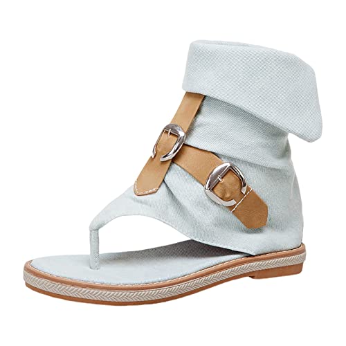 XTZYGLFD Almwerk Schuhe Damen Außenhandel Cross-Border Sommer Sandalen Denim Gürtelschnalle Farbe Kontrast Clip Toe Damenschuhe Sandalen Damenschuhe Sommer Elegant (Weiß 38 EU) von XTZYGLFD