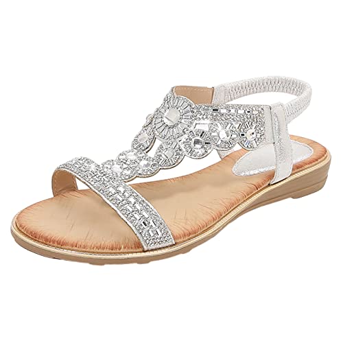 XTZYGLFD Damen Sommer Sandalen Römerschuhe Freizeit Vintage Zehenring Gladiator Sandalen Elegante Sandaletten Spitze Blumen Sommerschuhe Zehentrenner Bequem (0320a Silber 3.5 UK) von XTZYGLFD