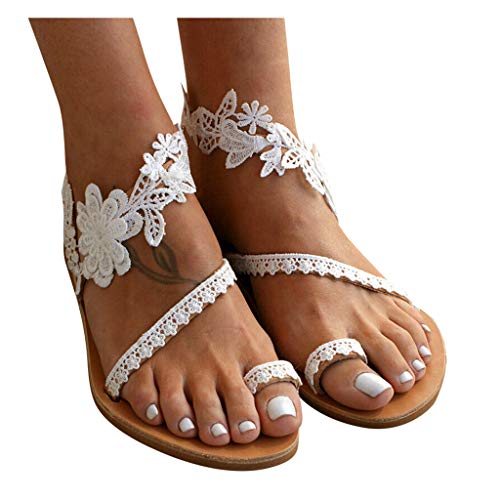 XTZYGLFD Damen Sommer Sandalen Römerschuhe Freizeit Vintage Zehenring Gladiator Sandalen Elegante Sandaletten Spitze Blumen Sommerschuhe Zehentrenner Bequem (Weiß 36 EU) von XTZYGLFD