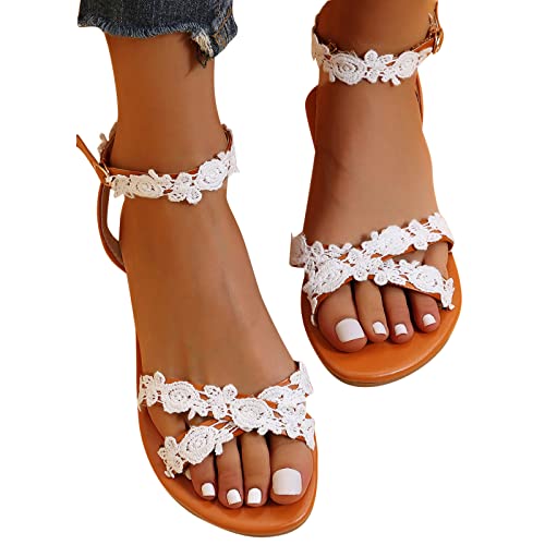 XTZYGLFD Damen Sommer Sandalen Römerschuhe Freizeit Vintage Zehenring Gladiator Sandalen Elegante Sandaletten Spitze Blumen Sommerschuhe Zehentrenner Bequem (Y2kf Weiß 40 EU) von XTZYGLFD