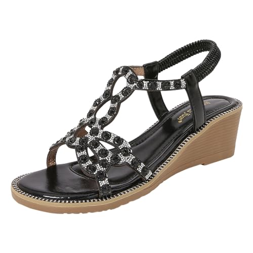 XTZYGLFD Flip Flops Damen Zehensandalen Damen Sandalen Offene Zehentrenner Schuhe Strass Kreuzriemen Sommersandalen Geteilte Sommerschuhe Zehentrenner Bohemia Sandalen (0325a Schwarz 6 UK) von XTZYGLFD