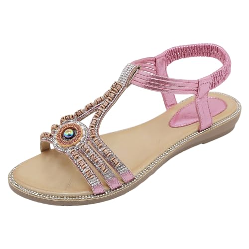 XTZYGLFD Sandalen Damen Sommer Keilsandalen Damen Sandalen Offene Zehen Atmungsaktive Strandsandalen Strass Freizeit Sommersandalen Sommer Keilabsatz Sandalen Klassische Schuhe (Rosa 40 EU) von XTZYGLFD