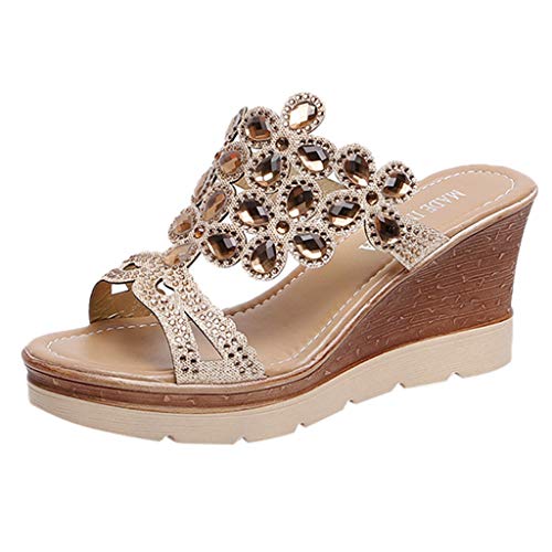 XTZYGLFD Sandalen Damen Sommer Slip On Frauen Strand Zehenschuhe Atmungsaktive Sommersandalen Strass Wedges Frauen Wedges Wandersandalen (Beige 5 UK) von XTZYGLFD