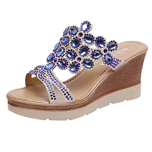 XTZYGLFD Sandalen Damen Sommer Slip On Frauen Strand Zehenschuhe Atmungsaktive Sommersandalen Strass Wedges Frauen Wedges Wandersandalen (Blau 4 UK) von XTZYGLFD