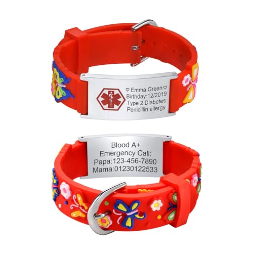 Notfallarmband Kinder SOS Armband - Personalisiert Medizinisches ID Armband Wasserdichtes Weiches Silikonband Angenehm Verstellbare Länge Cartoon Armband Namensarmband für Jungen Mädchen von XUANPAI