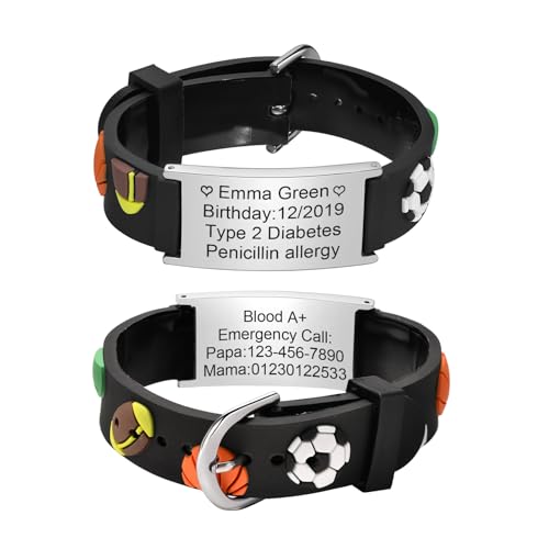 XUANPAI Notfallarmband Kinder SOS Armband : Personalisiert Medizinisches ID Armband Wasserdichtes Weiches Silikonband Angenehm Verstellbare Länge Cartoon Armband Namensarmband für Jungen Mädchen von XUANPAI