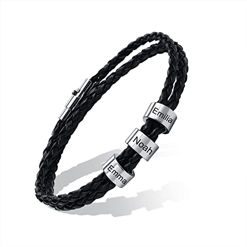 XUANPAI Personalisierte Armband Herren aus Leder, Schwarzes Lederarmband mit Gravur, Schmuck Personalisierte Geschenke für Männer, Armband mit Namen, Edelstahl, 21cm, 3 Ringe von XUANPAI