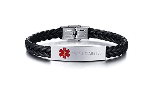 XUANPAI TYPE 1 DIABETES Handgefertigtes Geflochtenes Mikrofaser-Lederwickelarmband Medizinischer Alarm Notfall SOS ID Tag Name Identifikation Armband für Männer von XUANPAI