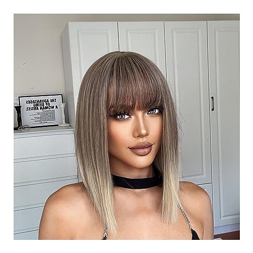 Perücken Graublonde, kurze Bob-Ombre-Synthetik-Perücken, mittleres glattes Asche-Cosplay-Haar mit Pony for Frauen, Afro, natürlich, hitzebeständig Perücke fasching von XUJUAN-0227