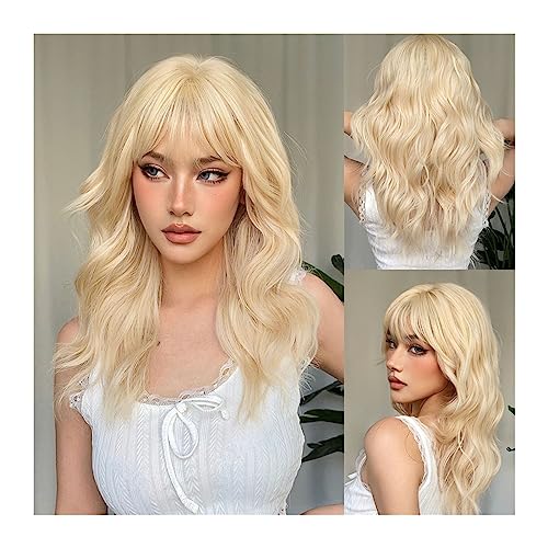 Perücken Lange gewellte blonde synthetische Perücken for Frauen, Platin-Tages-Naturhaar-Perücken mit Pony, hitzebeständige Cosplay-Perücken Perücke fasching von XUJUAN-0227