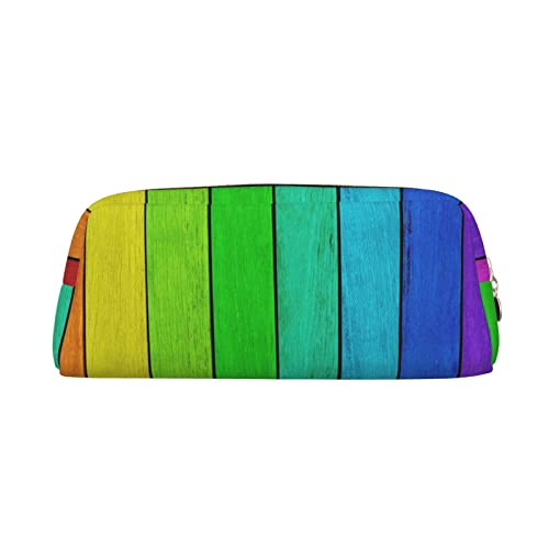 Make-up-Tasche mit Regenbogen-Holzhintergrund, Leder, Federmäppchen, Reise-Kulturbeutel, Kosmetiktasche, tägliche Aufbewahrungstasche für Frauen, gold, Einheitsgröße, Taschen-Organizer von XVBCDFG