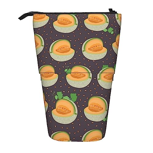 XVBCDFG Cartoon Cantaloupe Fruit Pattern Standing Pencil Case, Cute Pencil Pouch Large Capacity Pen Case Portable Pencil Bag for Women Men, siehe abbildung, Einheitsgröße, Federmäppchen von XVBCDFG