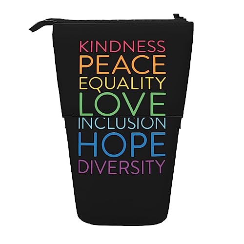 XVBCDFG Kindness Peace Equality Love Inclusion Hope Diversity Standing Pencil Case, Cute Pencil Pouch Large Capacity Pen Case Portable Pencil Bag for Women Men, siehe abbildung, Einheitsgröße, von XVBCDFG