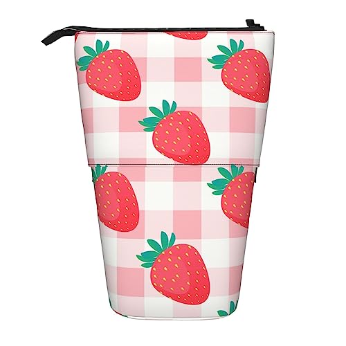 XVBCDFG Pink Plaid Strawberry Standing Pencil Case, Cute Pencil Pouch Large Capacity Pen Case Portable Pencil Bag for Women Men, siehe abbildung, Einheitsgröße, Federmäppchen von XVBCDFG