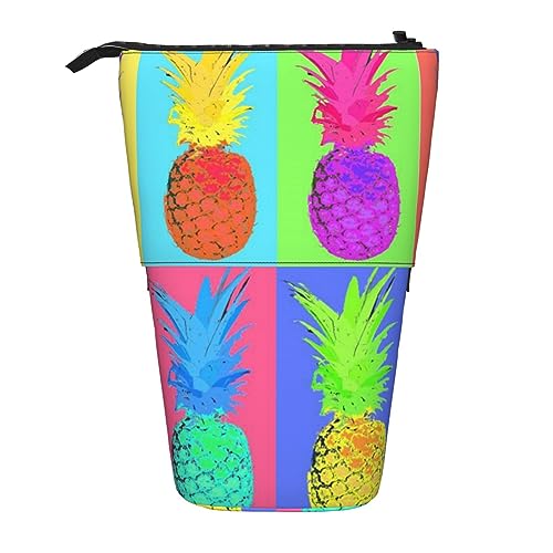 XVBCDFG Teleskop Federmäppchen Bleistift Tasche Stand Up Bunte Ananas Print Bleistift Halter Stifteetui Kosmetiktasche mit Reißverschluss für Männer Frauen, siehe abbildung, Einheitsgröße, von XVBCDFG