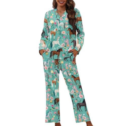 XXQGOMG 2-teiliges Pyjama-Set mit Knopfleiste für Damen, langärmelig, Bluse und Hose, Nachtwäsche, Florales Pferd, M XXQGOMG 2-teiliges Pyjama-Set mit Knopfleiste für Damen, langärmelig, Bluse und Hose, Nachtwäsche, Florales Pferd, M von XXQGOMG