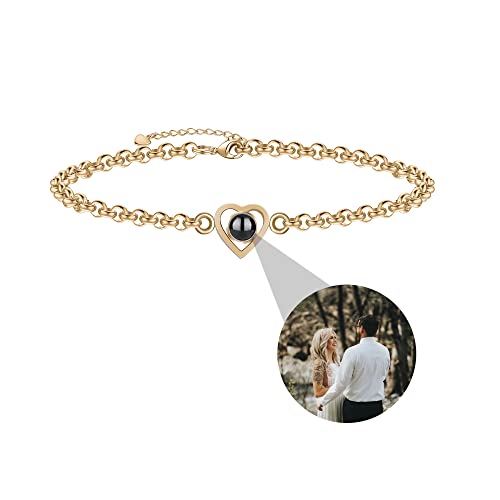 XXTONE Benutzerdefinierte FotoProjektion Armband Personalisierte Armband mit Bild im Inneren Herz Anhänger Foto Armband Bild Memorial Schmuck Geschenke forr Frauen Männer (Gold 1) von XXTONE