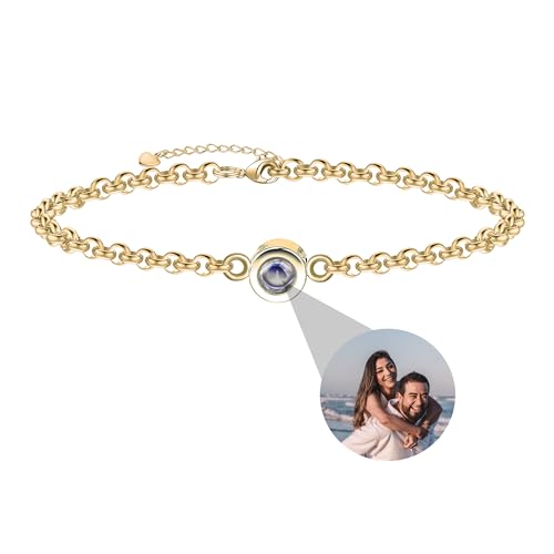 XXTONE Personalisierte Foto Projektion Armband benutzerdefinierte Armband mit Bild im Inneren Kreis einstellbares Bild Armband Valentinstag Geburtstag Schmuck Geschenk für Frauen Männer (Gold 2) von XXTONE