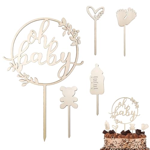 XYTAHDM 5 Stück Oh Baby Cake Topper Holz, Kuchen Topper Babyparty Tortendeko, ender Reveal Partydeko,Kindertaufe schmücken Tortenaufsatz XYTAHDM 5 Stück Oh Baby Cake Topper Holz, Kuchen Topper Babyparty Tortendeko, ender Reveal Partydeko,Kindertaufe schmücken Tortenaufsatz von XYTAHDM