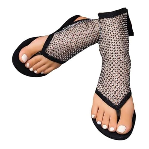 XYWSPSCV Sandalen Damen Hohle Mesh Strass Sandalen Weichen Sohlen Flache Sommerschuhe Strandschuhe Netzstrümpfe Slip On Sandalen，Damen-Mesh-Zehensandalen von XYWSPSCV