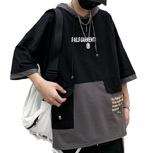 XYXIONGMAO Kapuzen-T-Shirt, lose große Taschen, Colorblock-Kapuzenpullover, Unisex, Streetwear, Techwear, T-Shirts für Herren, Schwarz, Large von XYXIONGMAO