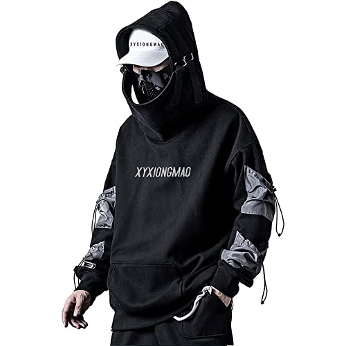 XYXIONGMAO Streetwear Techwear Hoodie Cyberpunk Tactical Herren Schwarz Urban Hip Hop Japanisches Sweatshirt, Schwarz, X-Large von XYXIONGMAO