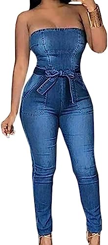 XZEIT Denim-Overall for Damen, dehnbar, schulterfrei, Röhrenoberteil, Jean-Hosen, Strampler, langer Denim-Hosen-Overall (Color : Blue, Size : XL) von XZEIT