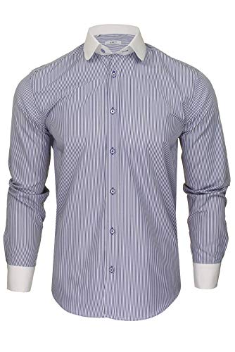 Xact Herren Langarmhemd mit Streifenmuster, weißem Penny-Clubkragen und weißen Manschetten, Slim-fit (White Collar - Blue Stripe) XXL von Xact