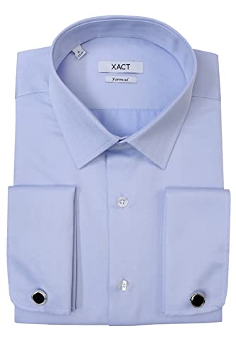 Xact Herren Langarm-Hemd mit Doppelmanschette im Herringbone-Muster - Manschettenknöpfe inklusive (Herringbone - Sky Blue) 47 von Xact