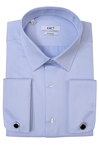 Xact Herren Langarm-Hemd mit Doppelmanschette im Herringbone-Muster - Manschettenknöpfe inklusive (Herringbone - Sky Blue) 43 von Xact