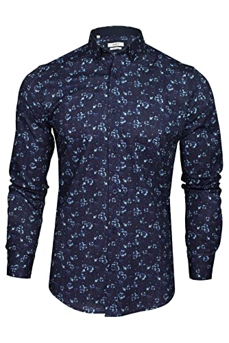 Xact Herren Langarmhemd mit floralem Muster, Slim-fit (Navy/Blue) L von Xact